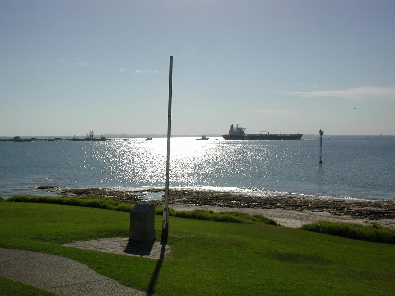 Looking past Sutherland grave site over tanker to Brighton-le-Sands