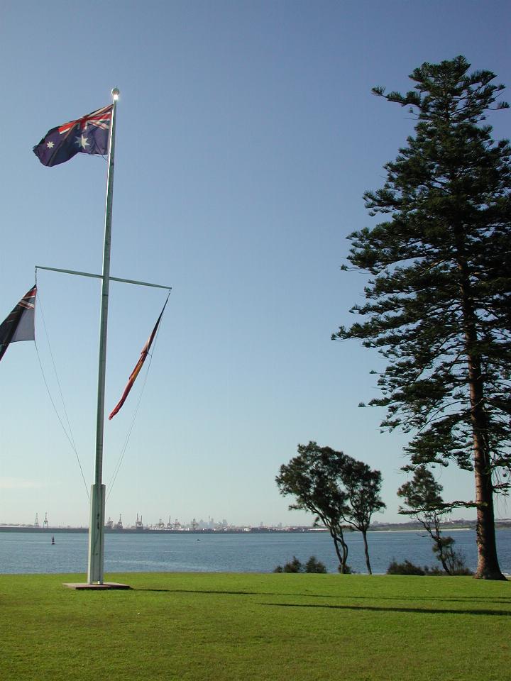 Kurnell flag pole, looking over Port Botany towards City Centre