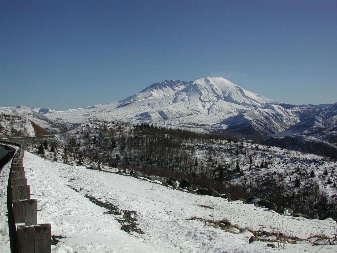 Mt. St. Helens from further along the road, including a frozen lake (perhaps Castle Lake)