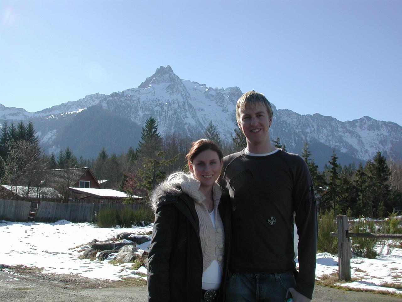 Natalie and Keiran at Darrington Diner, Whitehorse Mountain and Ridge behind