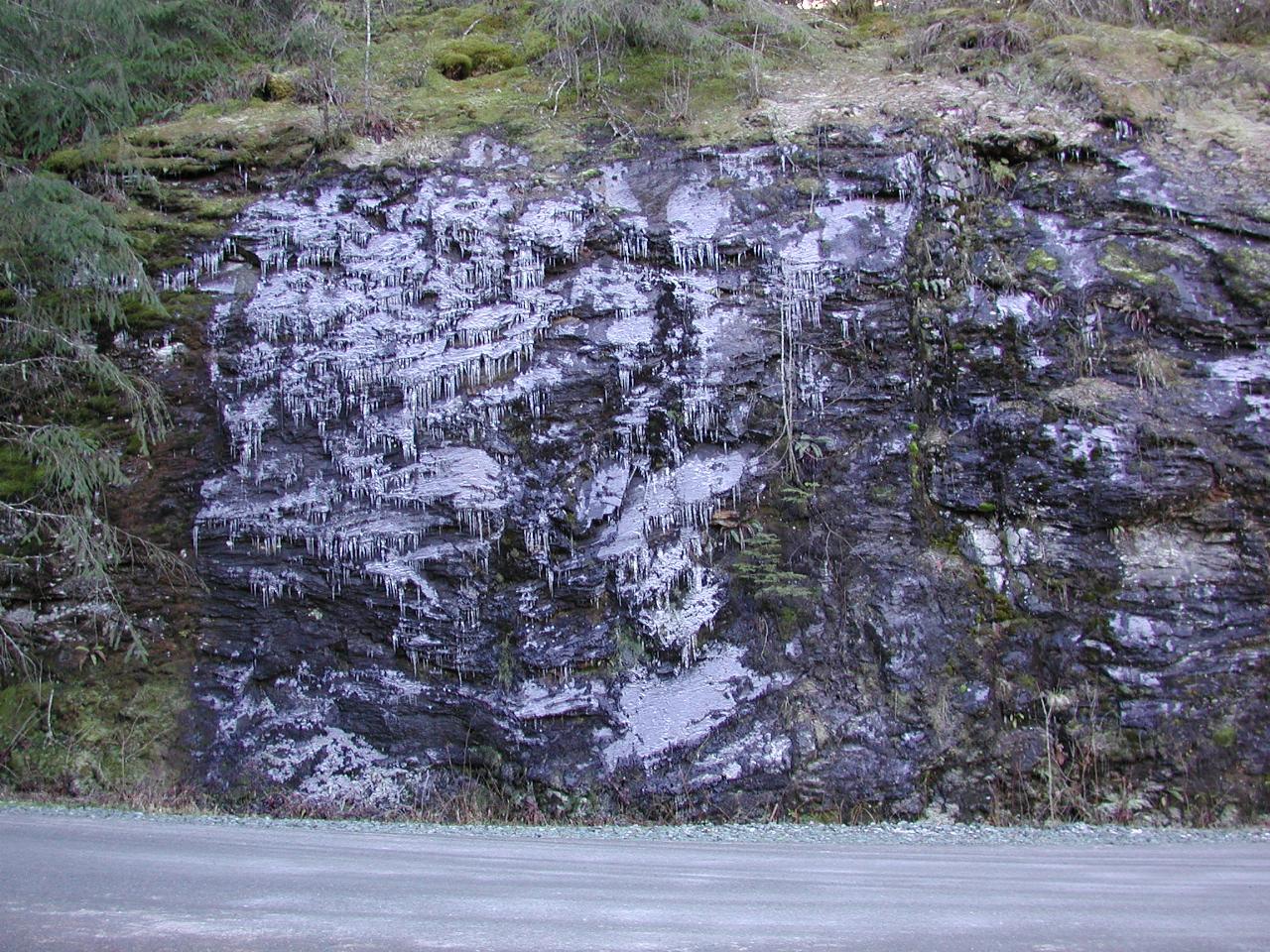 Icicles on the rock face at southern end of Upper Baker Dam