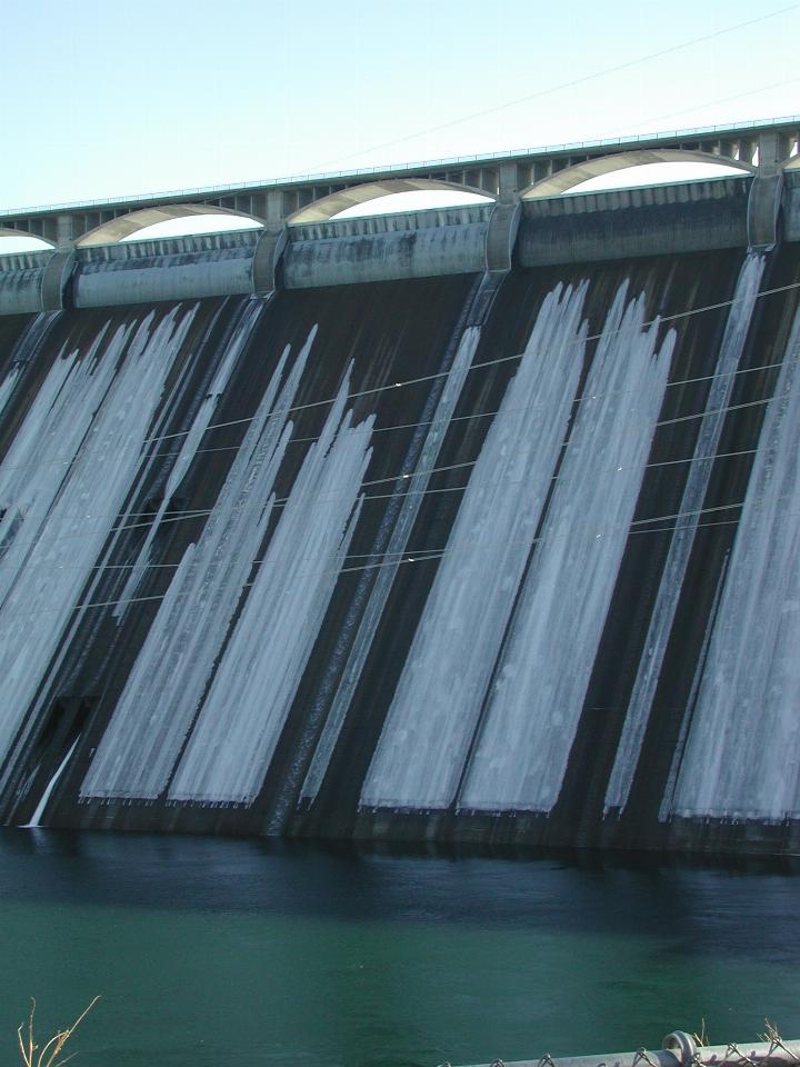 A closer view of Grand Coulee Dam spillway with ice on it