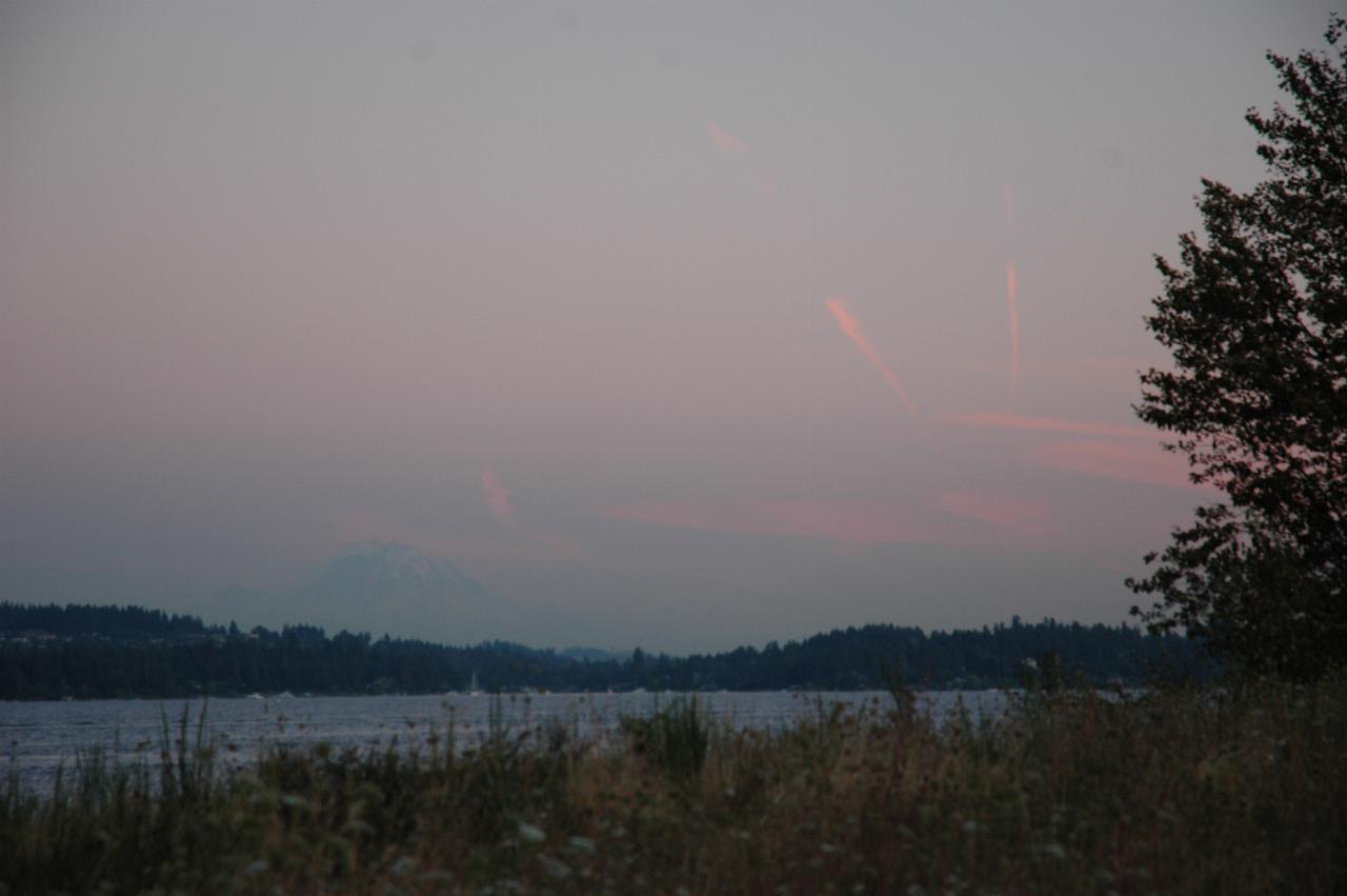 Freighter passing Olympic Mountains, as seen from Anthony's Homeport, Shilshole