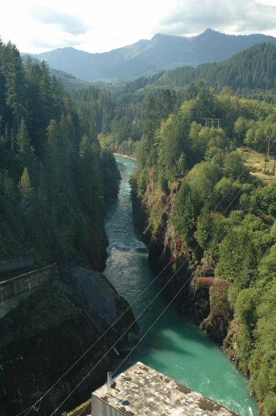 Looking downstream from Upper Baker Dam, showing part of power house