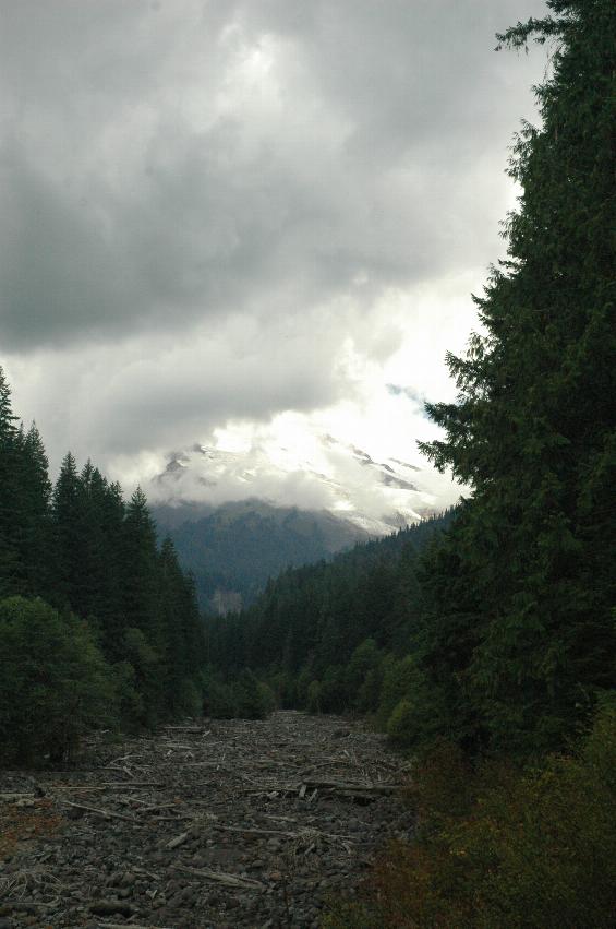 Mt. Baker, obscured by clouds, as seen from Boulder Creek