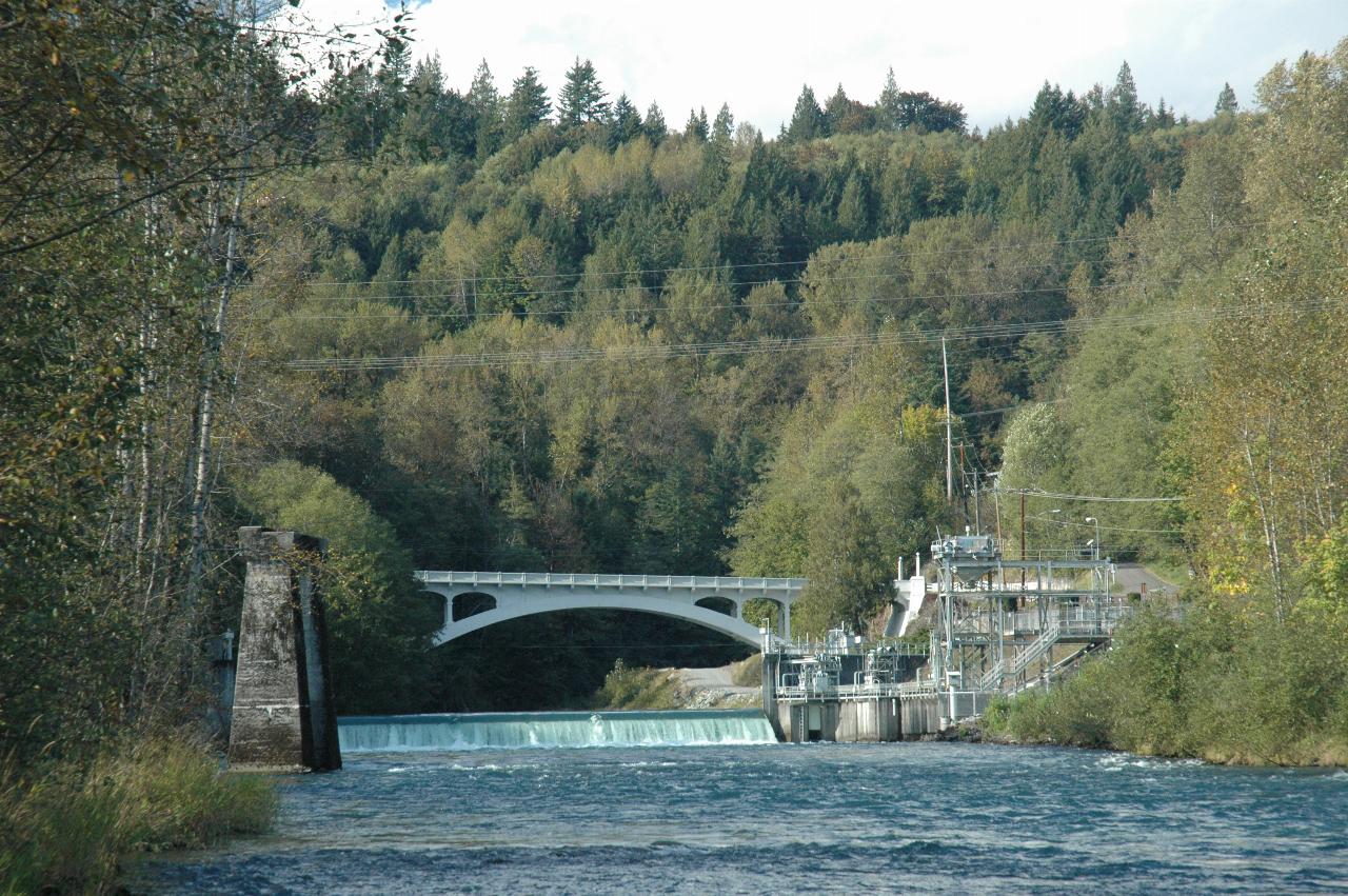 Bridge over Baker River at Concrete, WA, as seen from under SR-20 bridge