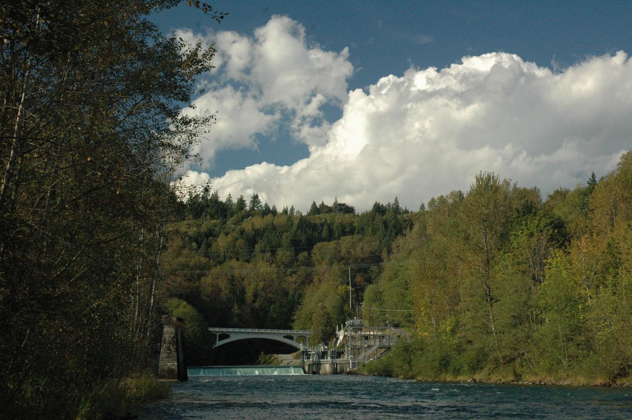 Bridge over Baker River at Concrete, WA, as seen from under SR-20 bridge