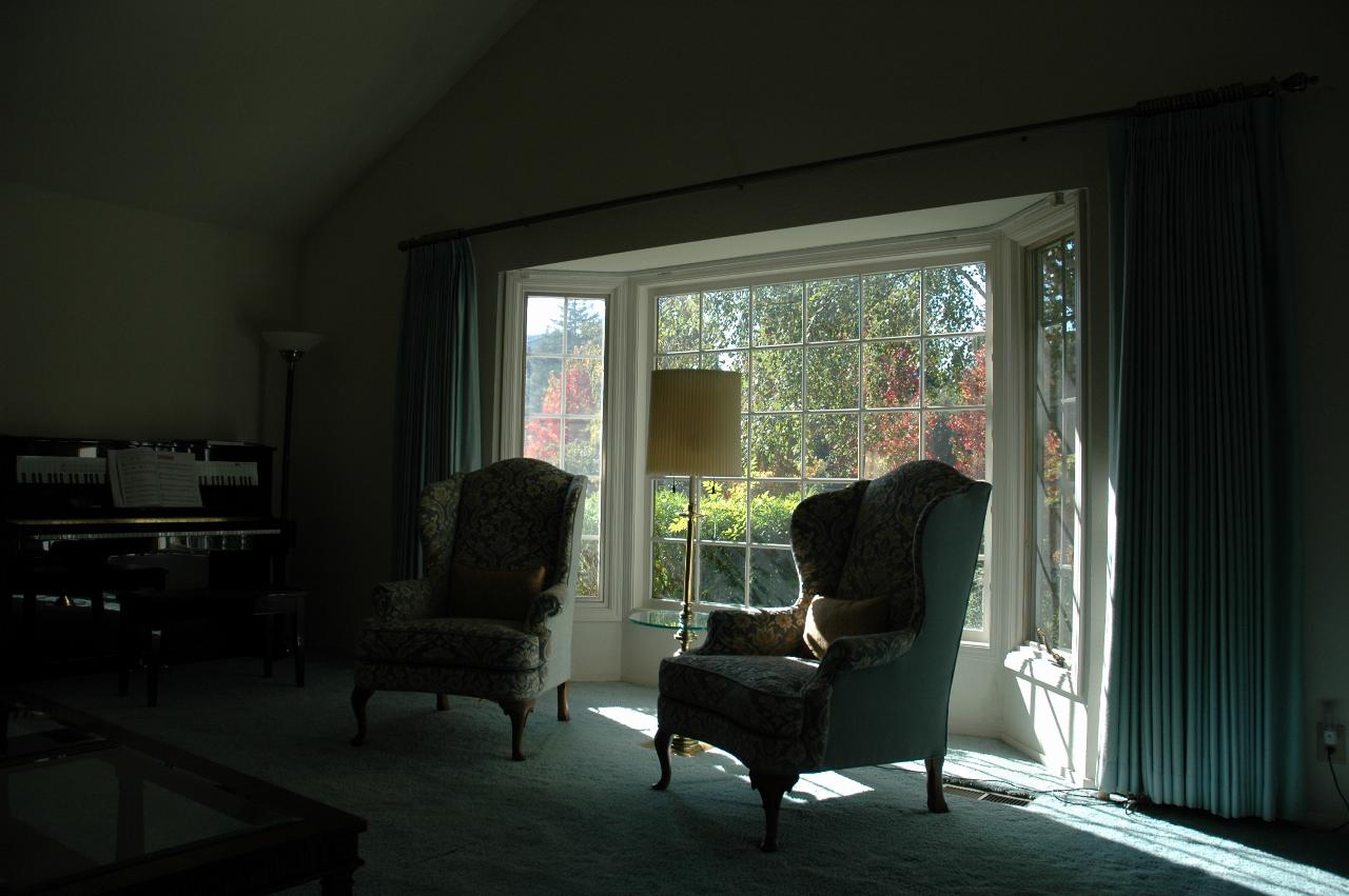 Jeff Newman's living room and view of autumn colours outside