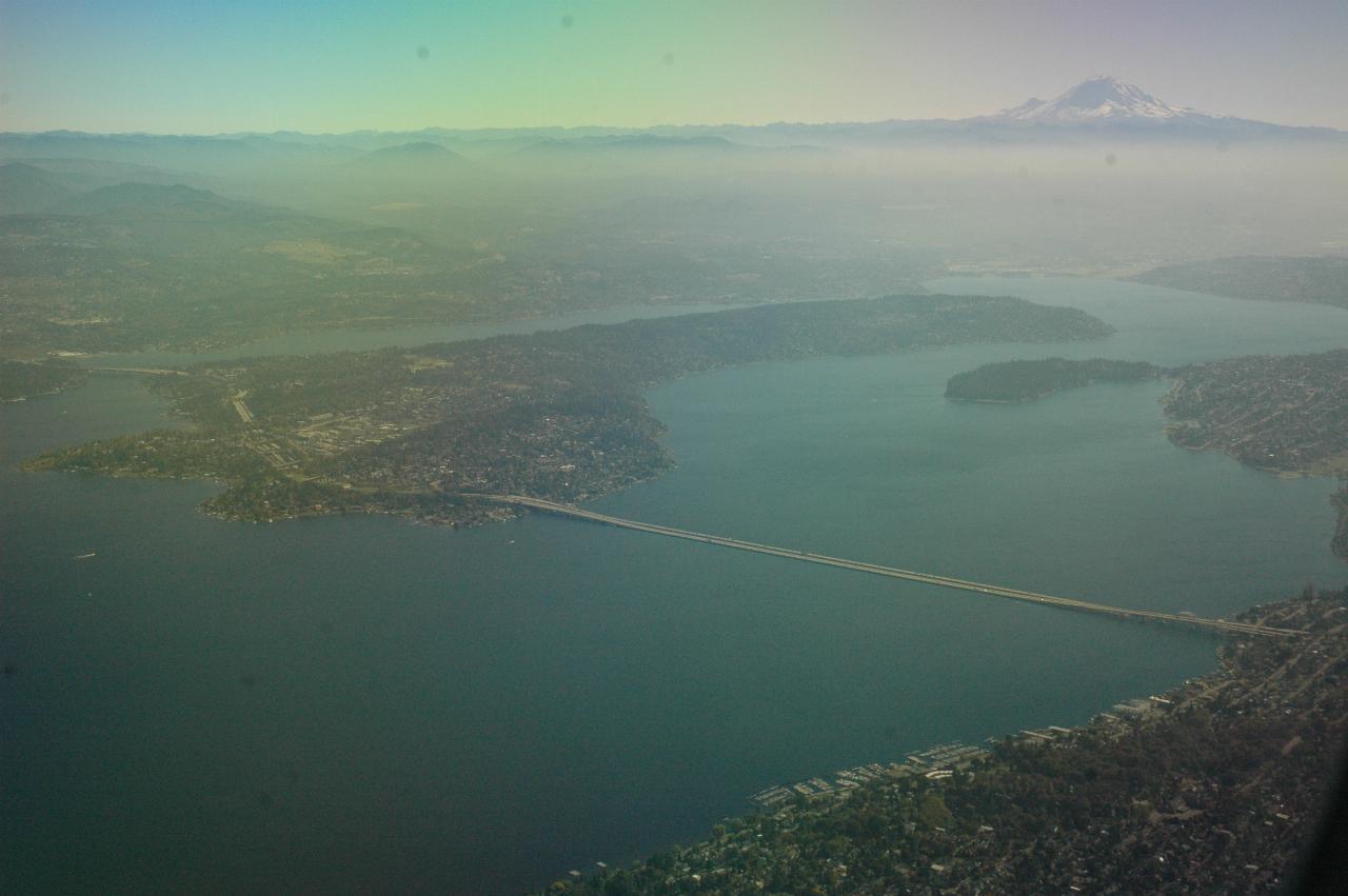 I-90 Bridge and Mercer Island and Mt. Rainier