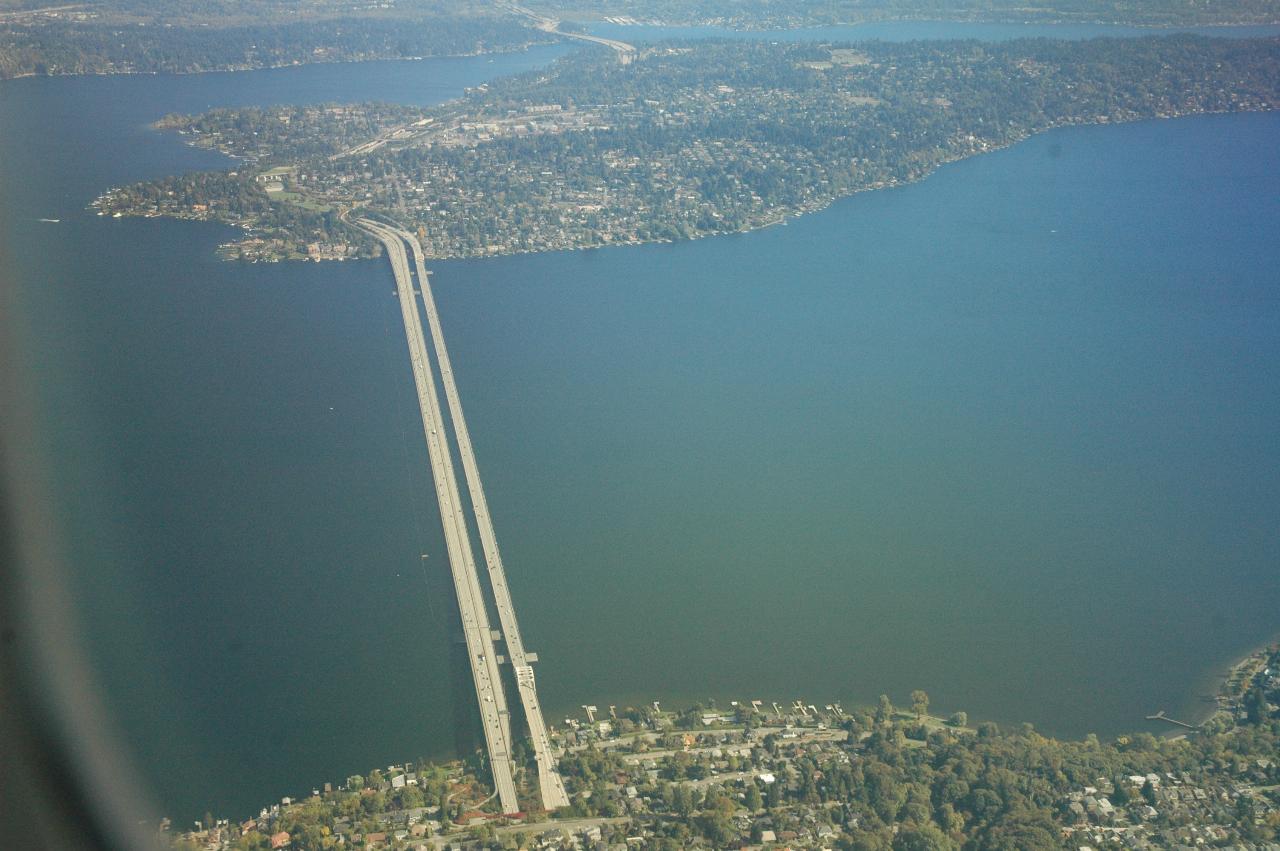 The I-90 Bridge across Mercer Island and I-90 headed towards Issaquah