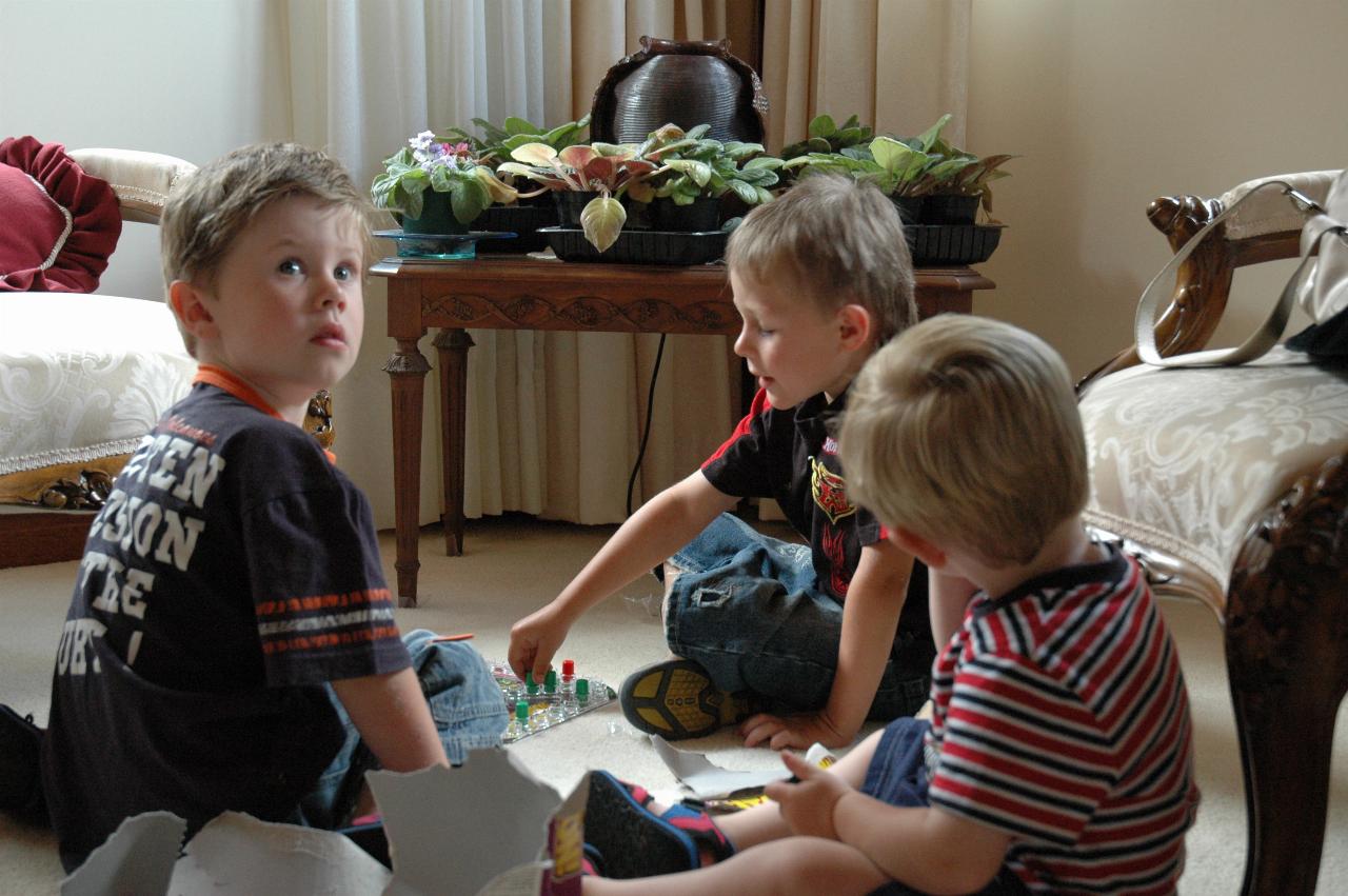 Jake and Tynan playing with Tynan's game (birthday present) while Flynn looks on at Currey's farewell to Nat's return to London