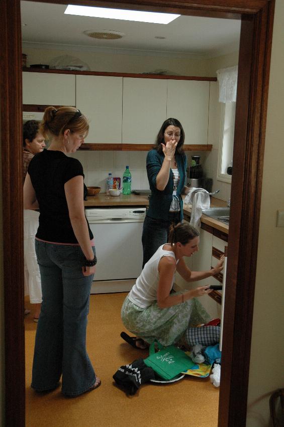 Kitchen ladies at farewell to Nat's return to London: Cecelie, X, Louis and Nat (kneeling)