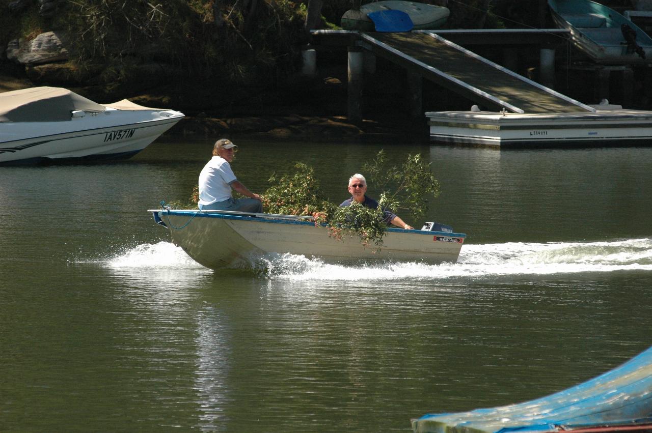 Christmas bush decorated boat on Woronora River at Cameron and Michelle's on Christmas morning