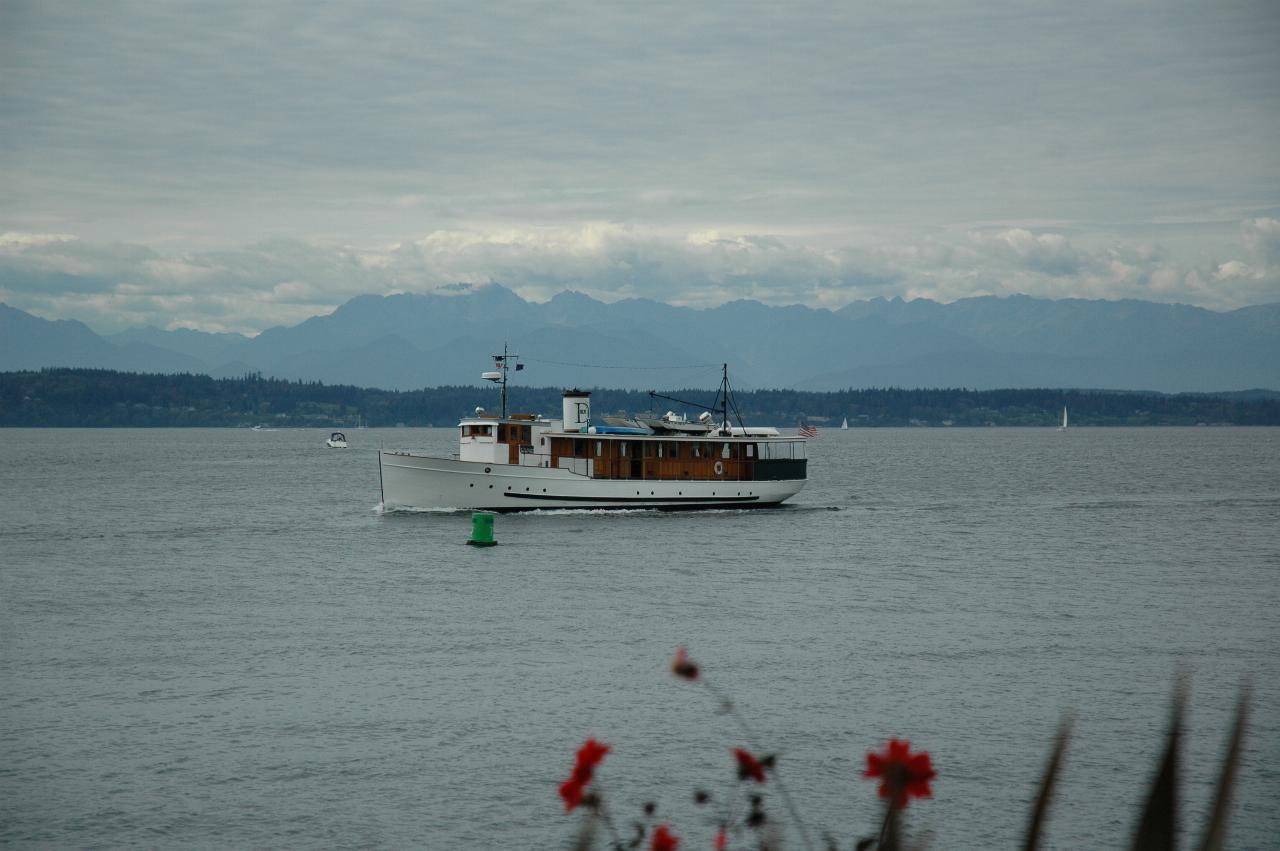 Nice boat approaching Ballard Locks from Anthony's Homeport at Shilshole with Olympic Mountains in the background