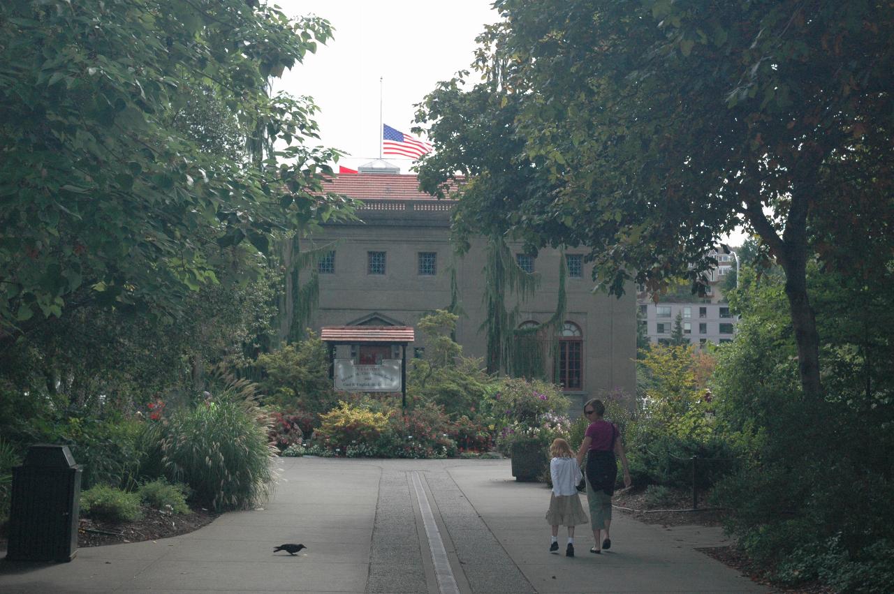 Entrance to Ballard Locks lock area;  flag at half mast for September 11th