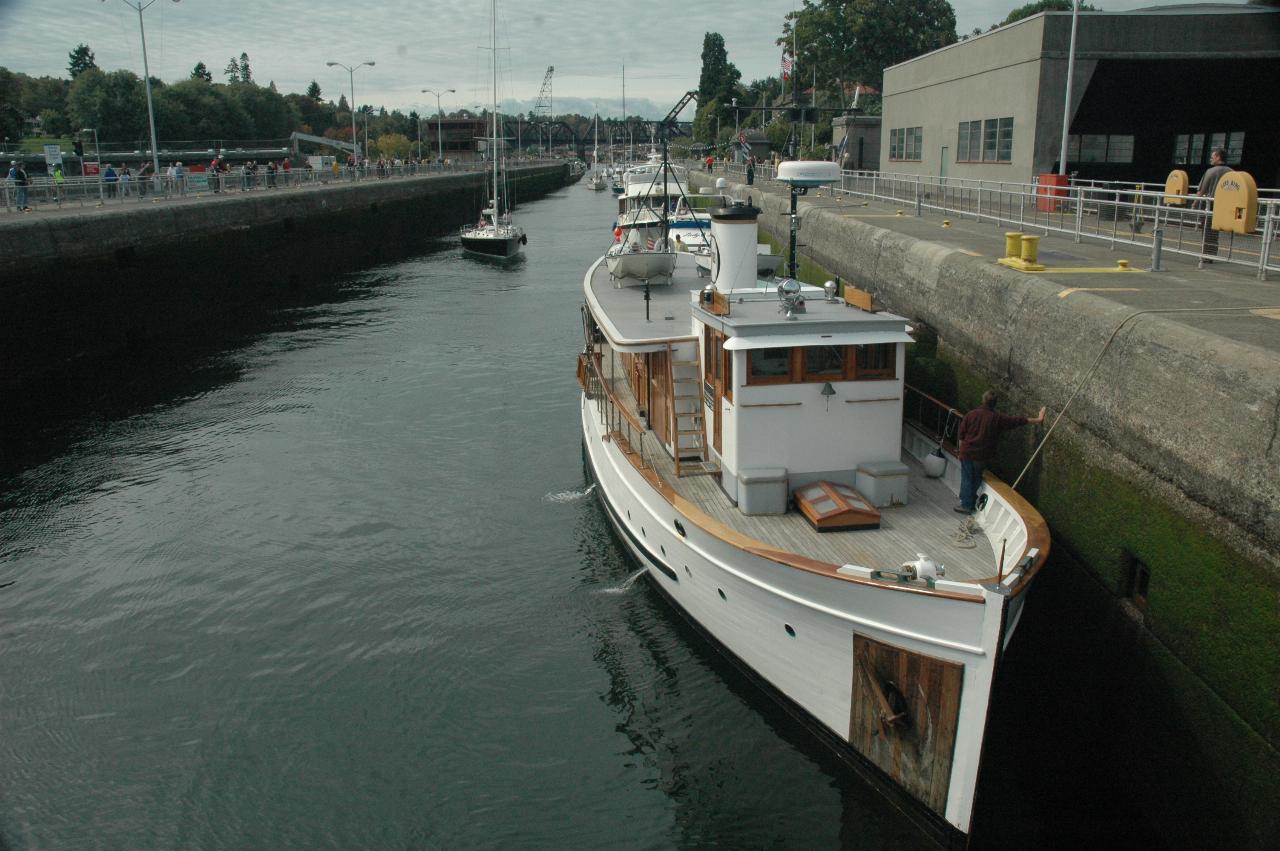 Wooden boat seen earlier in large lock at Ballard Locks