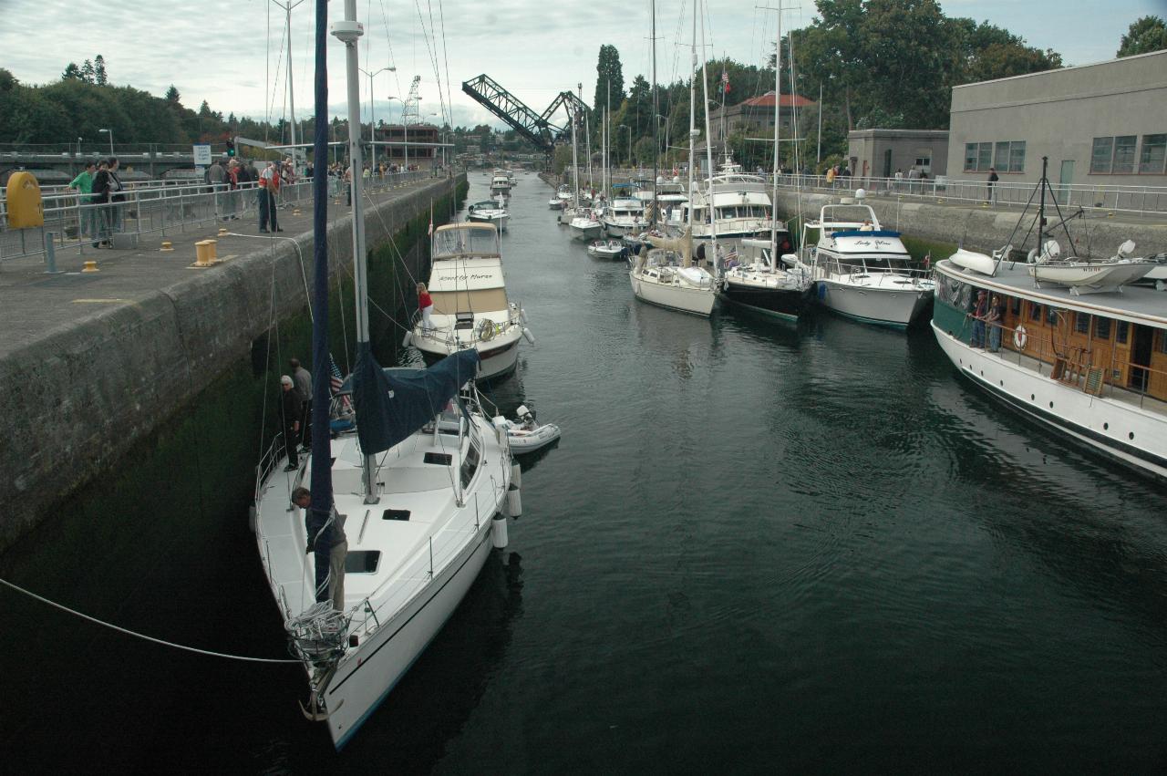 More pleasure boats entering large lock at Ballard Locks now that train bridge is open