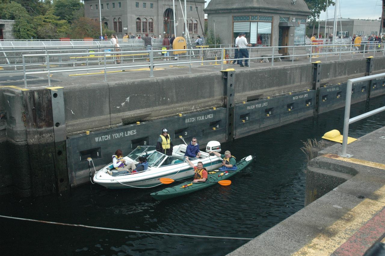 Canoe traffic going through the small lock at Ballard Locks