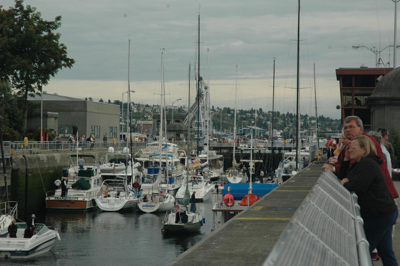 Large lock at Ballard Locks is filling up with pleasure craft