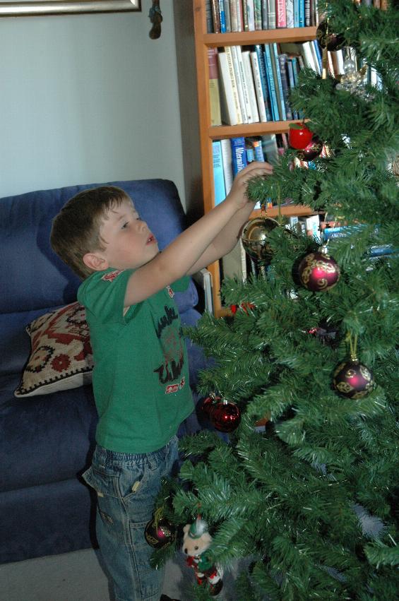 Jake helping Yvonne decorate Illawong Christmas tree