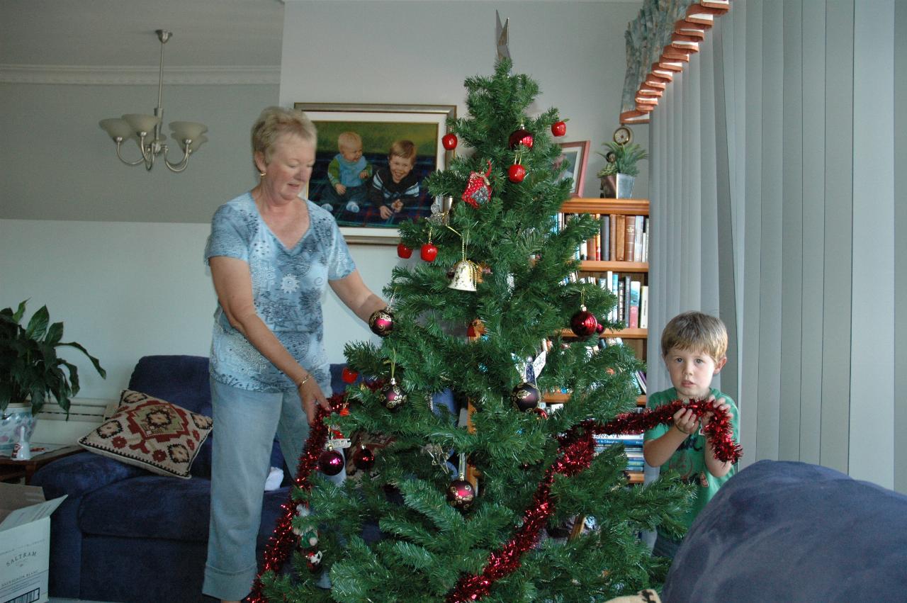 Jake helping Yvonne decorate the Illawong Christmas tree