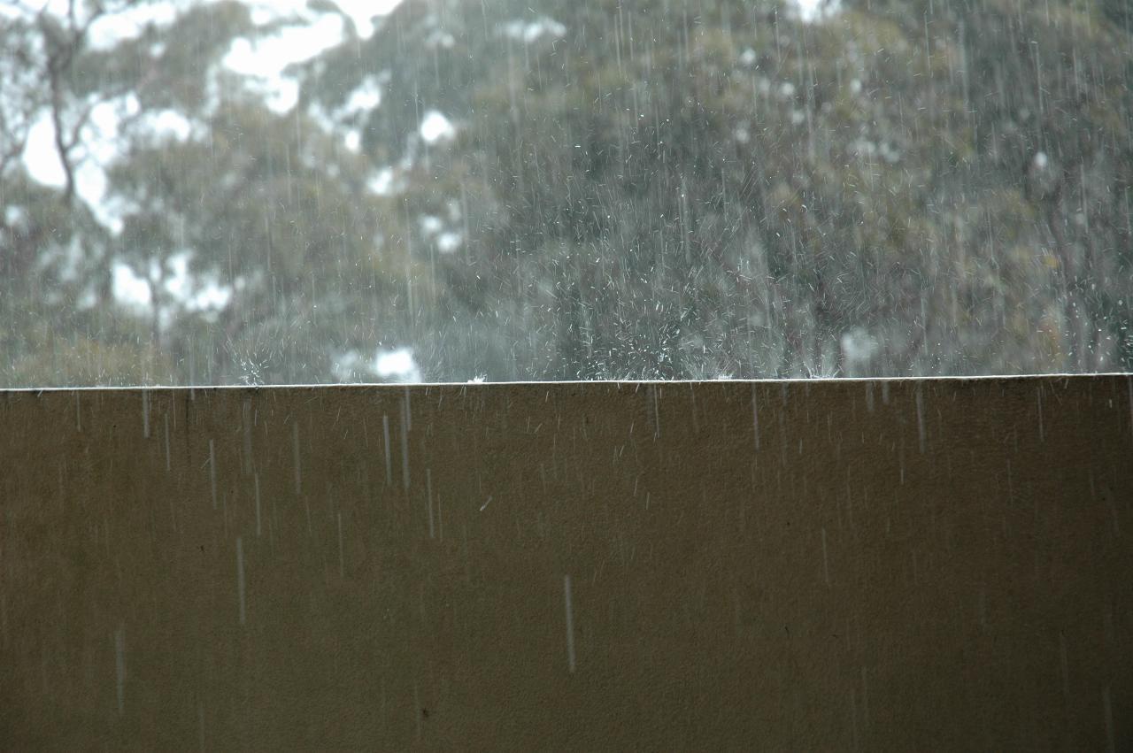 In Sydney, and a thunderstorm arrives, with rain splashing on verandah wall