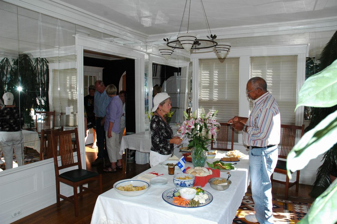 KPLU Quebec Tour reunion at Dallaire's home: Barbara and Ken, Ron, Dallaires and Bev in background