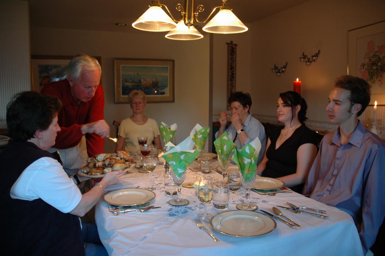 Dinner at McKinley's for Adrian & Dinah: Adrian, Bill, Judy, Dinah, Chrissy, Simon at the dinner table