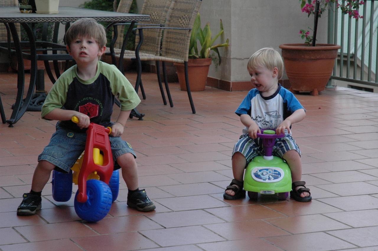 Jake and Flynn Crofts on Illawong patio