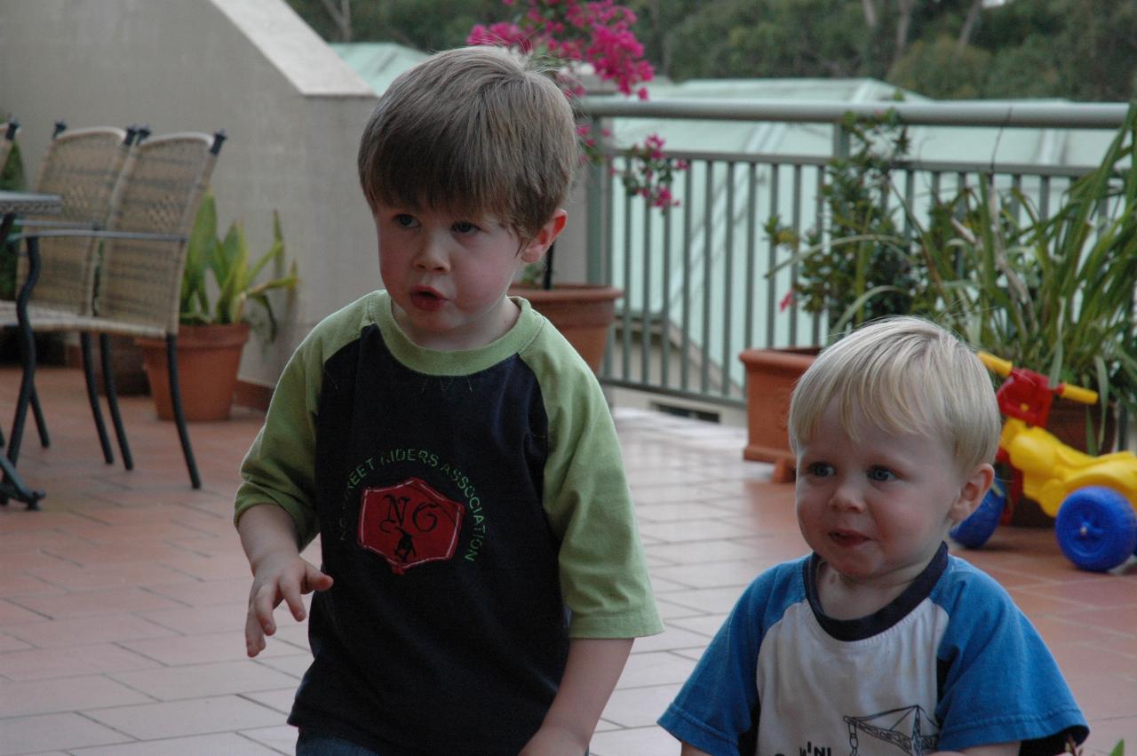 Jake and Flynn Crofts on Illawong patio