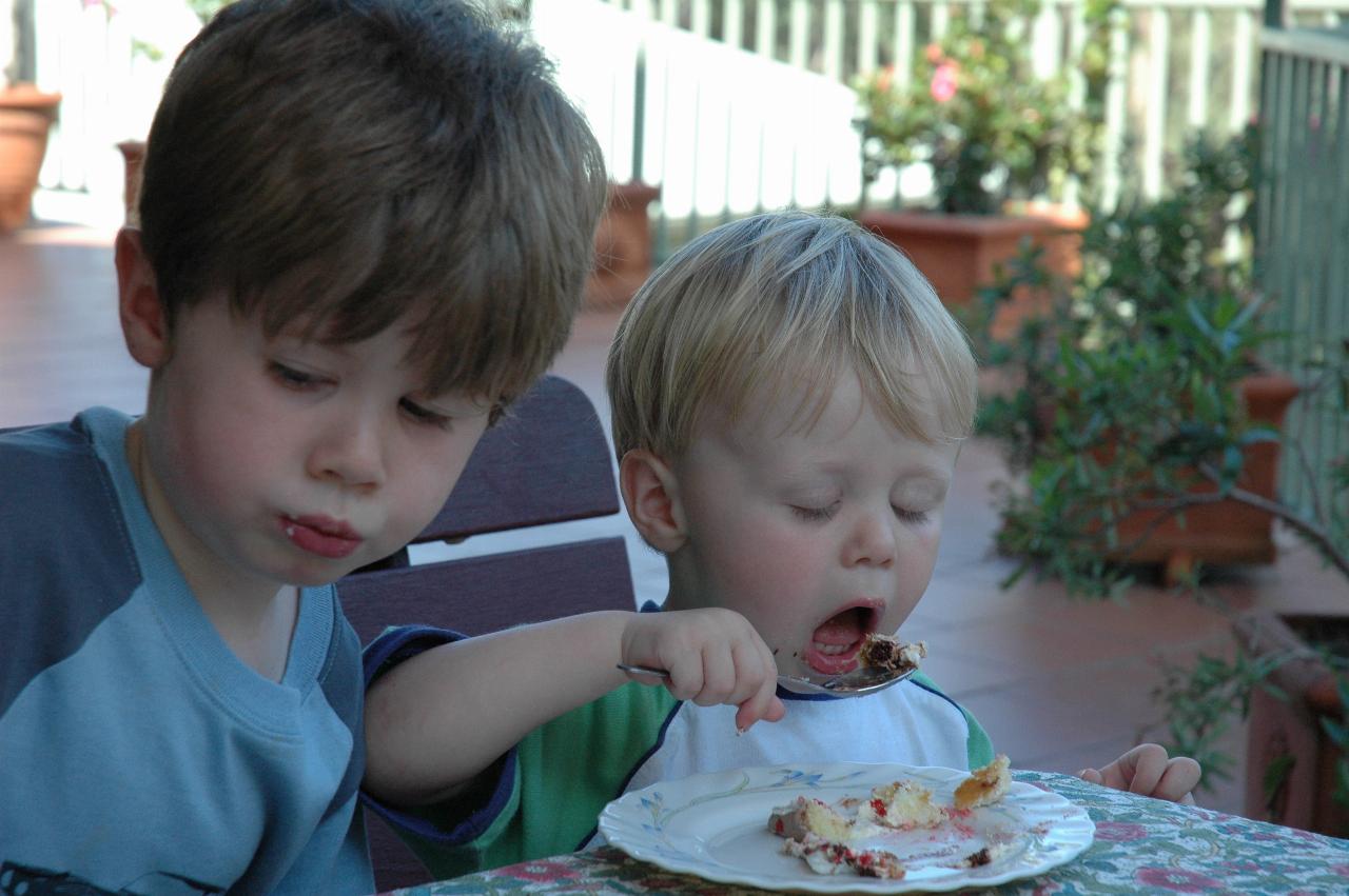 Jake and Flynn eating the cake at Michelle's quickie birthday party