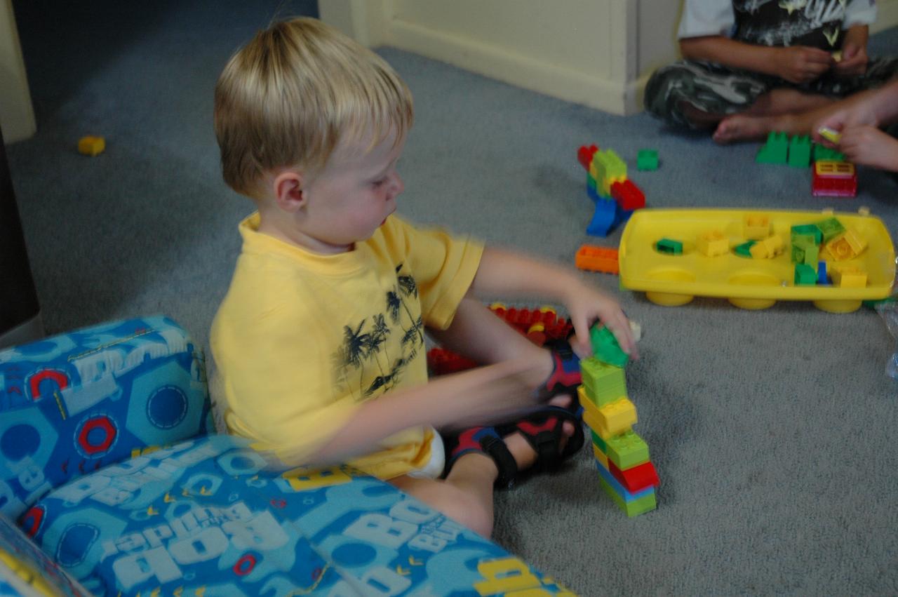 Flynn playing with blocks, a second birthday present