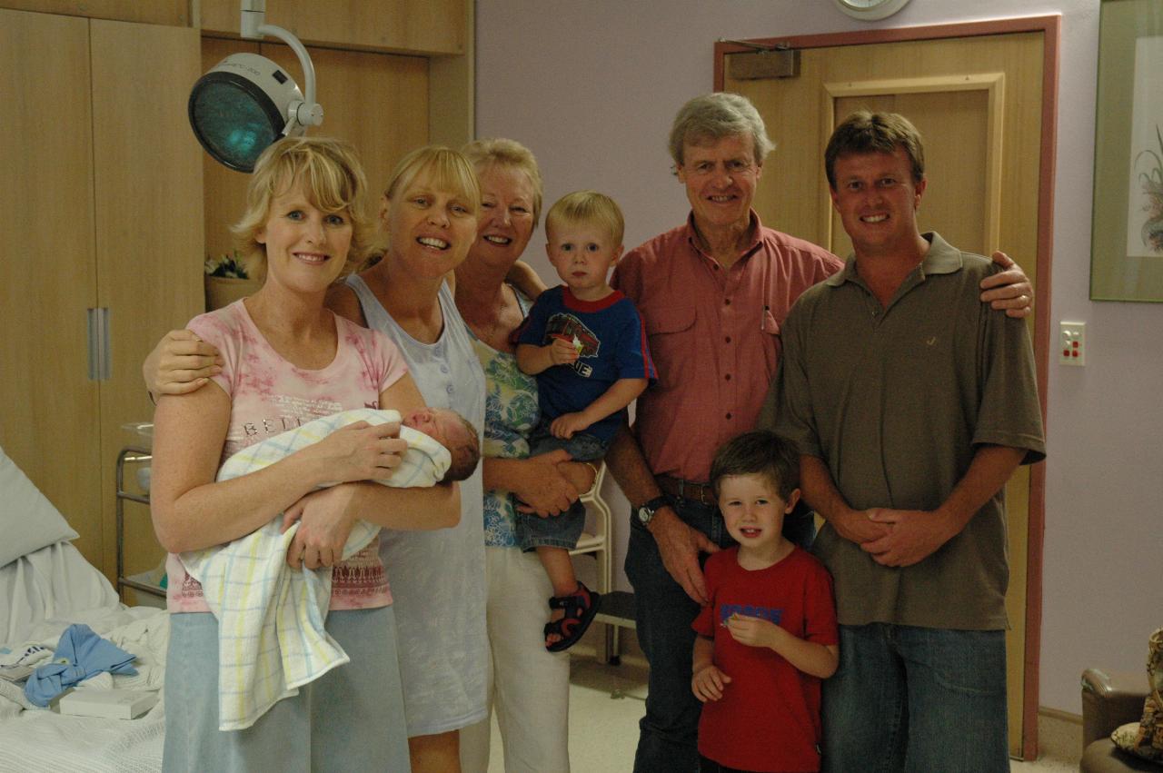 Family photo: Michelle with Cooper (6 hrs old), Kelly, Yvonne with Flynn, Peter, Jake and Cameron