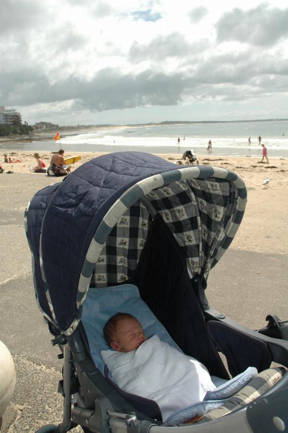 Six day old Baby Cooper Wallace at Cronulla Beach - sleeping away in his stroller