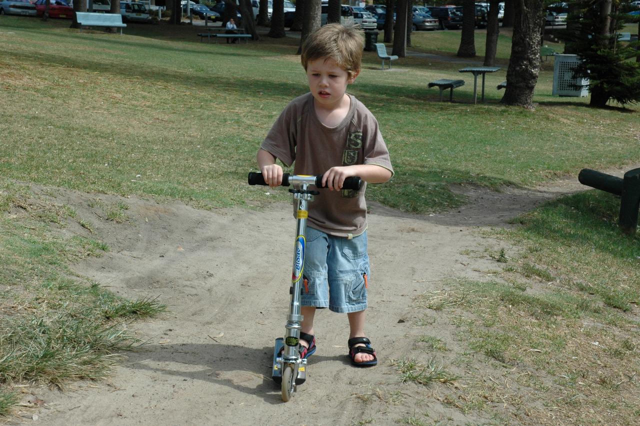 Jake Crofts riding his scooter on the track in Cronulla Park, Cronulla