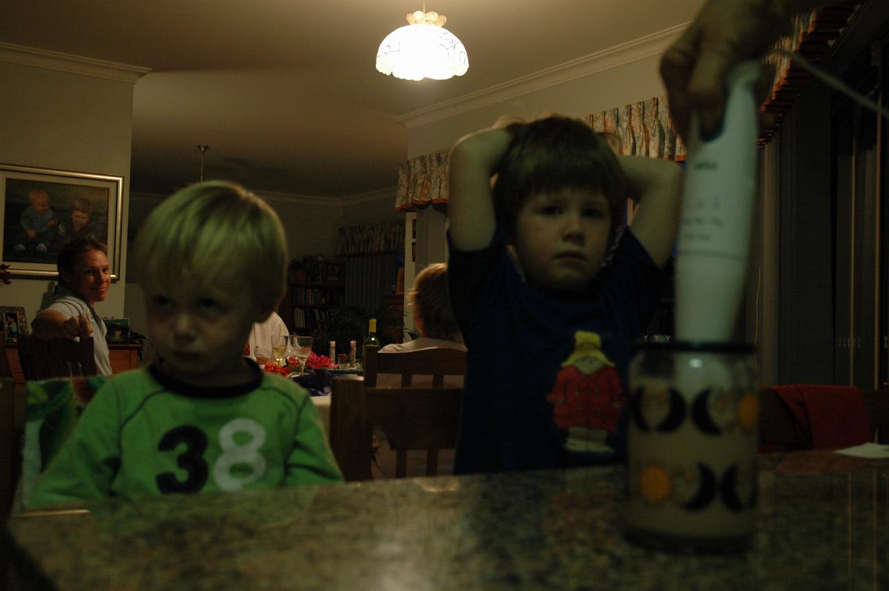 Flynn and Jake Crofts awaiting their milkshake being made by Yvonne at Illawong family dinner night