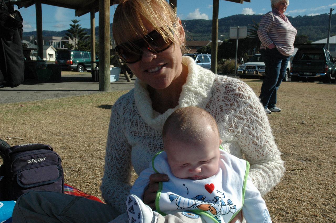 Mother's Day at Thirroul: Kelly with Cooper after his meal and ready for sleep; Lorraine Crofts in background