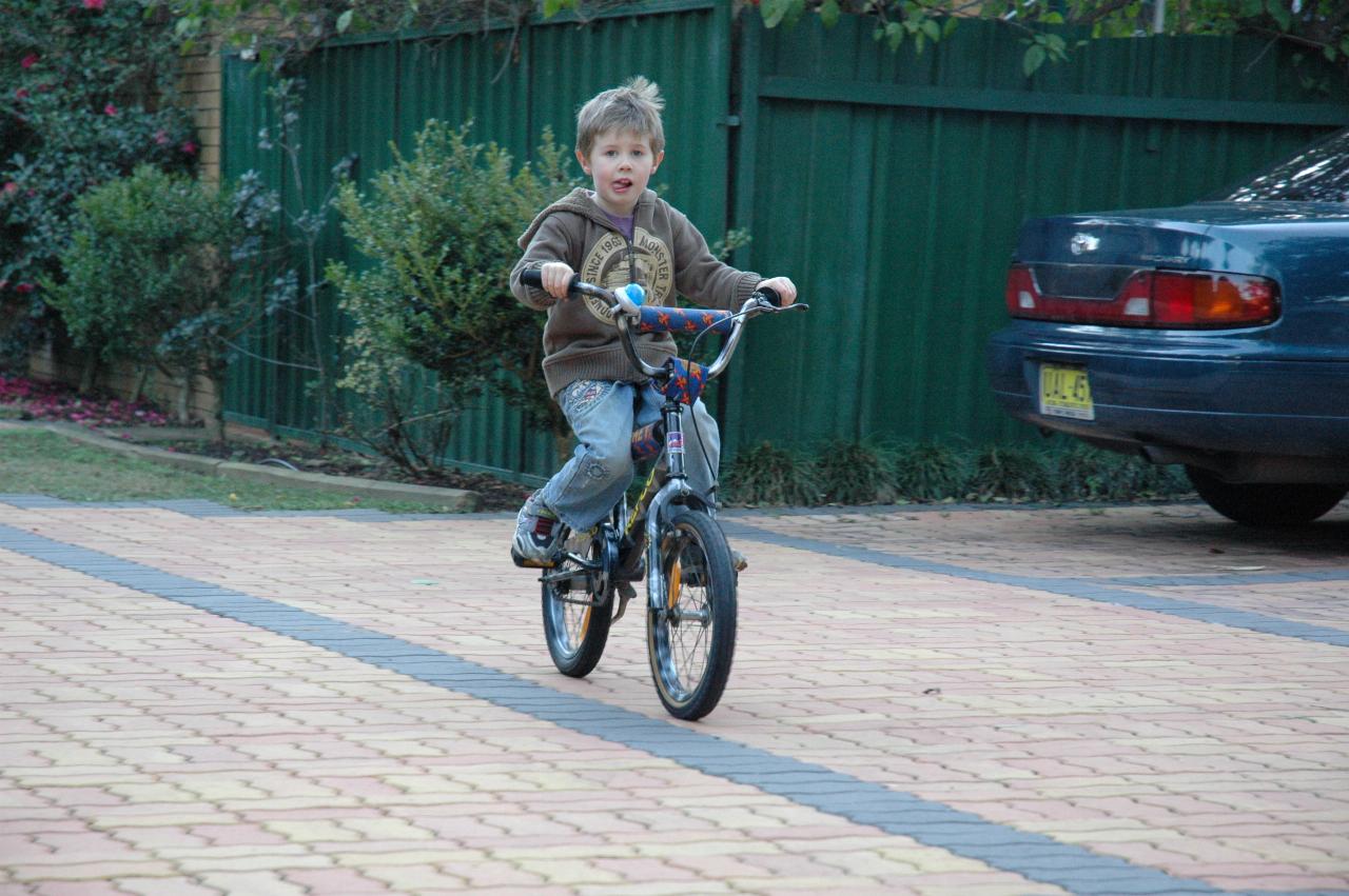 Jake Crofts in full flight on his two wheeler bike without training wheels at Woronora