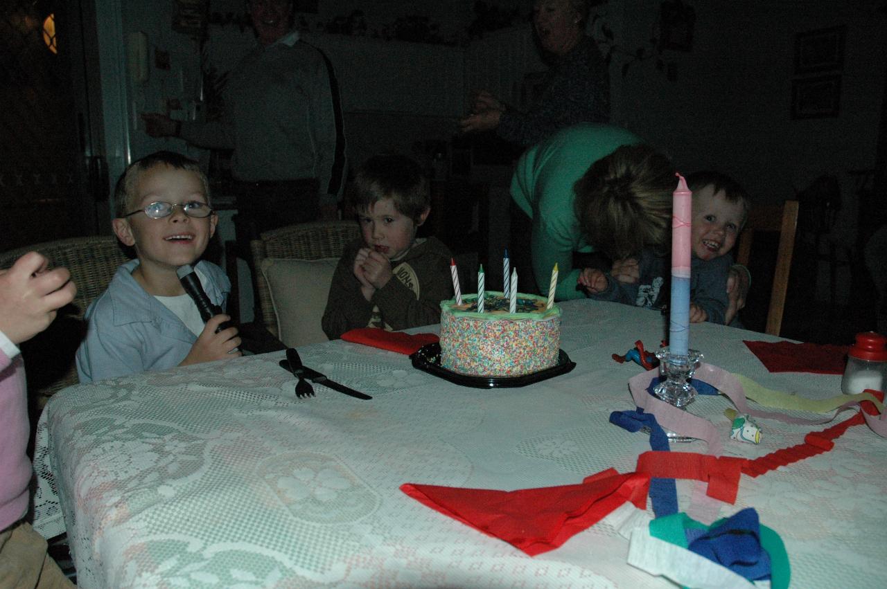 Jake's 5th birthday (Illawong): Taylor, Tynan, Jake, Michelle and Flynn ready for the cake