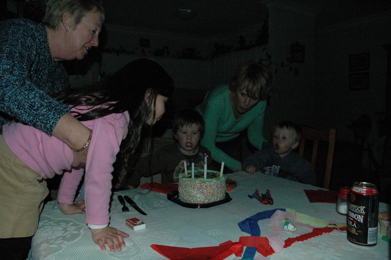 Jake's 5th birthday (Illawong): Taylor and Flynn blowing the candles out