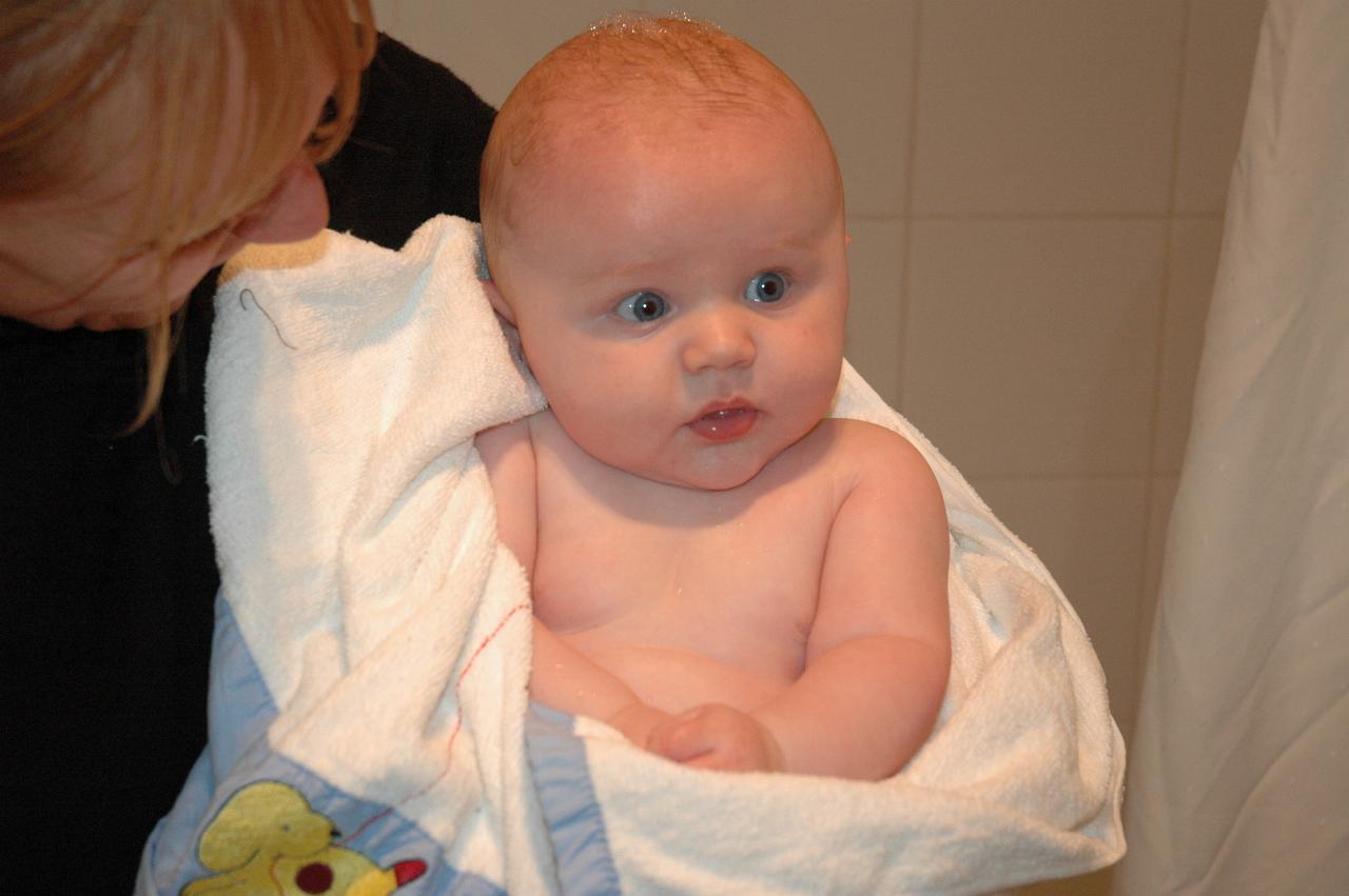 Kelly and Baby Cooper out of the bath at Bendalong for his Baptism