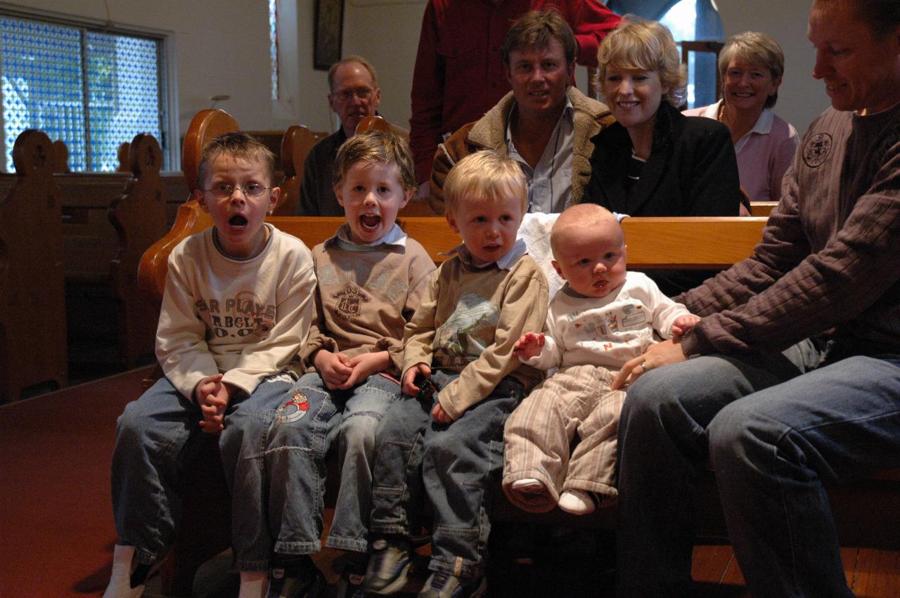 Tynan, Jake, Flynn and Cooper at St. Mary's, Milton, for Cooper's Baptism