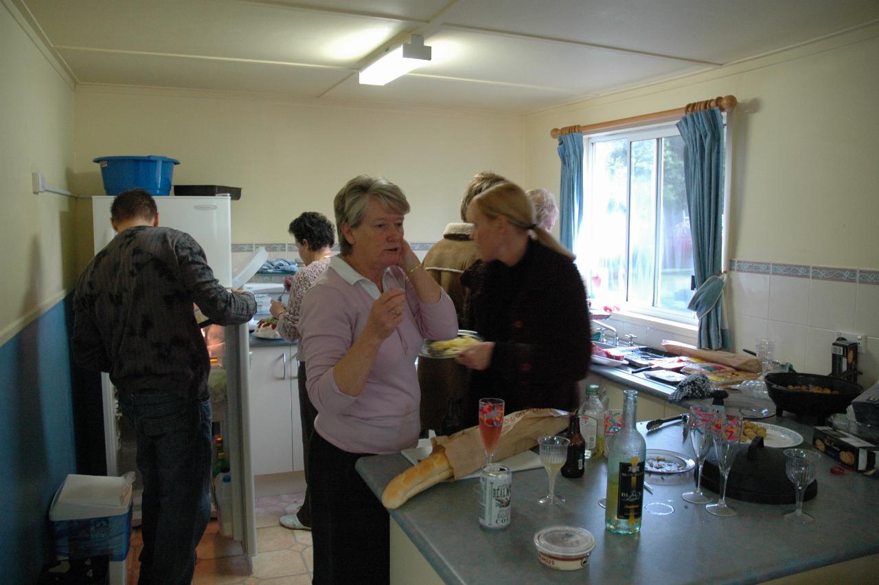 Kitchen operation at Bendalong Tourist Park Cottage: Glenn, Cecelie, Sandra, Cameron, Kelly and Yvonne