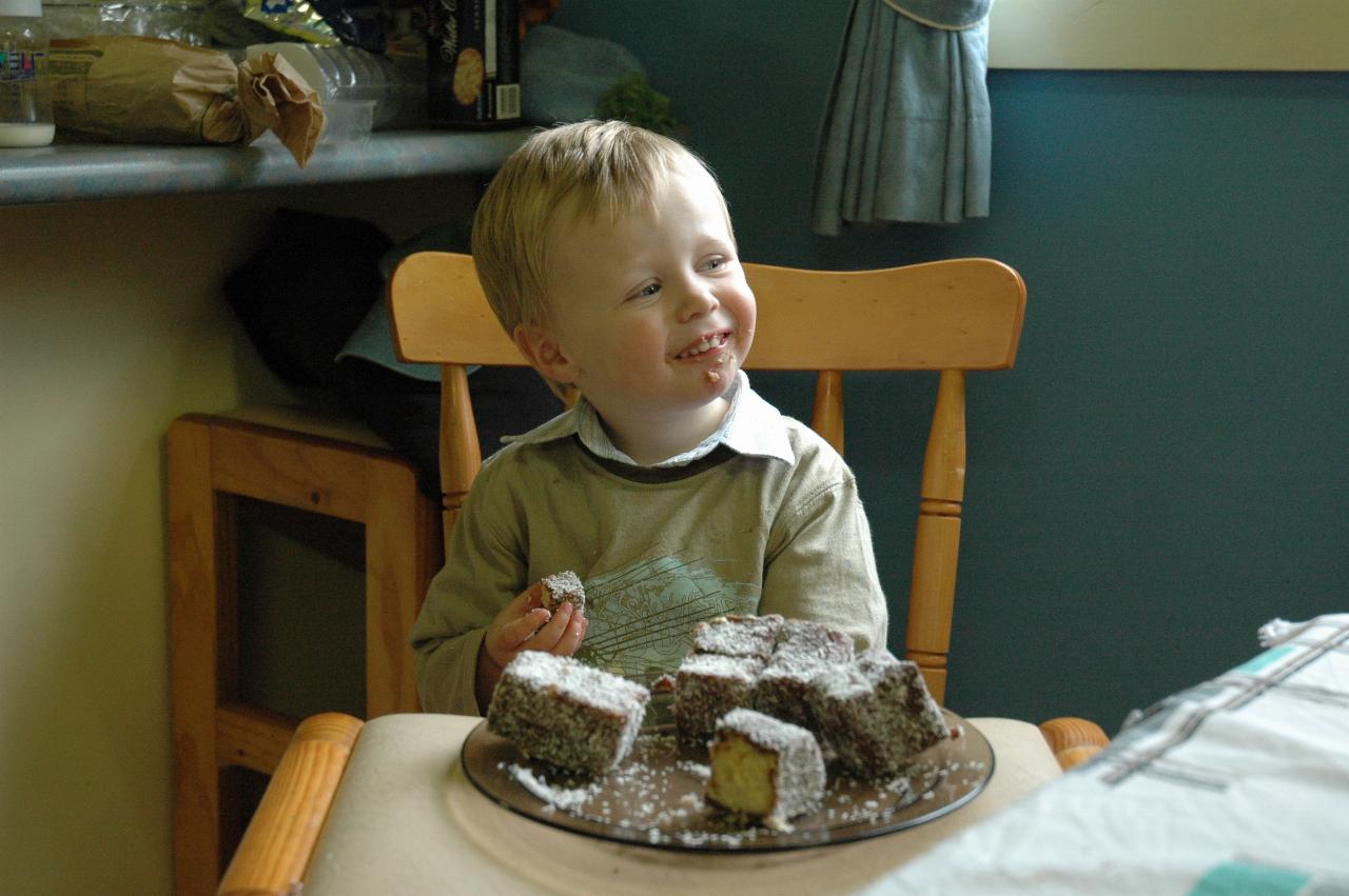 Flynn eating a lamington