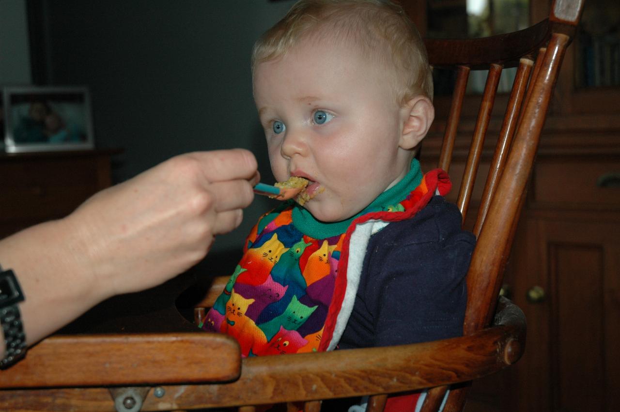 Kelly feeding Cooper in his high chair at Michelle's birthday party at Illawong