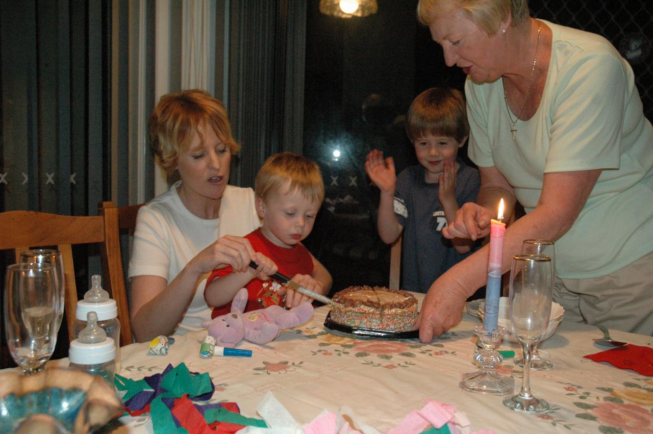 Michelle and Flynn cutting the cake at Michelle's birthday while Yvonne helps and Jake watches