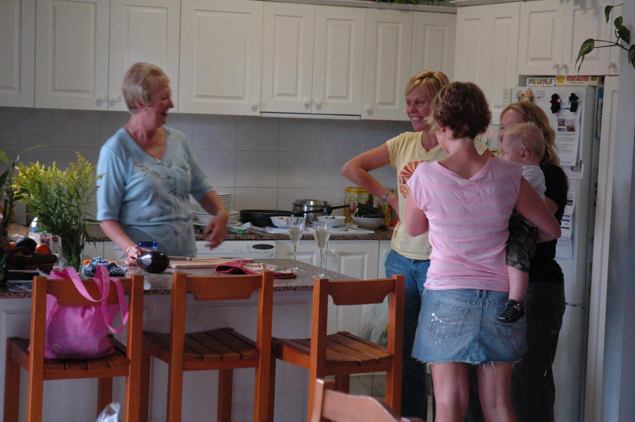 Women at family extended dinner: Yvonne, Kelly, Karen and Michelle (back) with Cooper