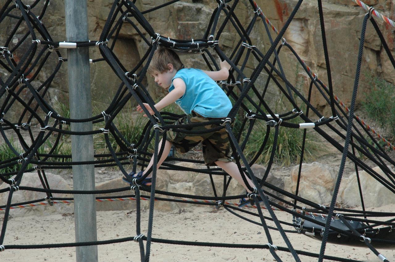 Jake climbing on the ropes at Como Pleasure Grounds for family picnic