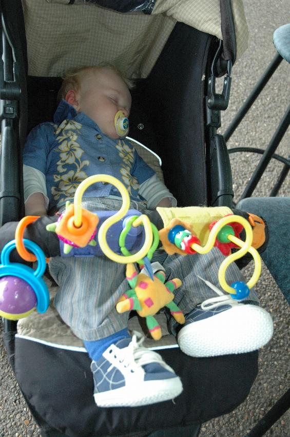 Tynan's 7th birthday party: Cooper in his pram - asleep at last