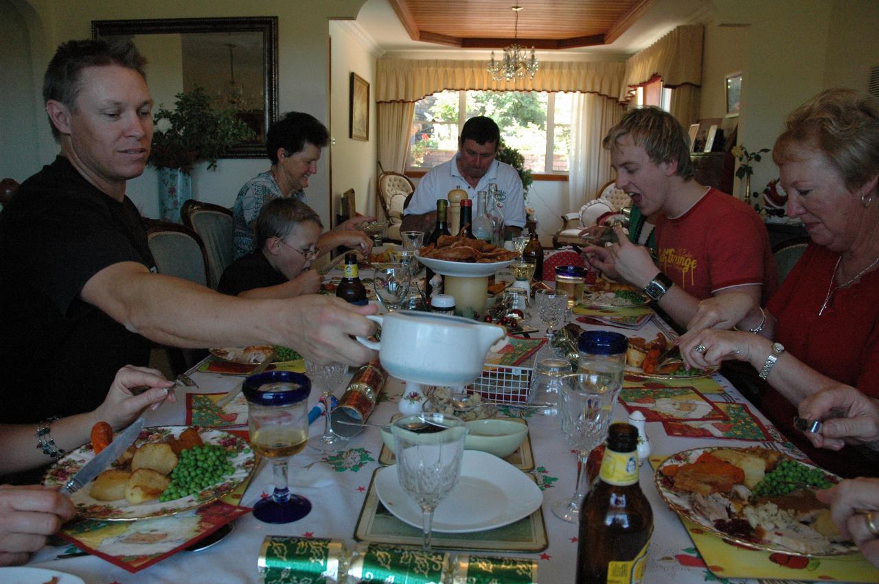 Christmas at Currey's: Dinner table: Glenn, Tynan, Cecelie, Peter Currey, Keiran and Yvonne